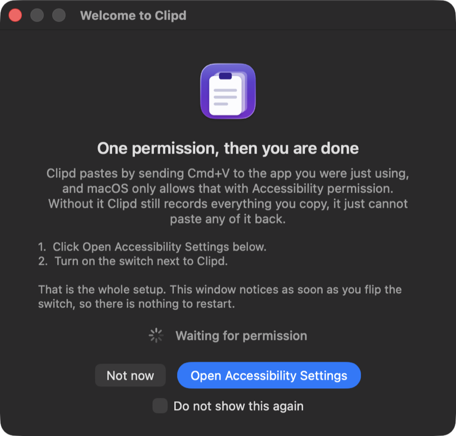The Clipd first run window, explaining the Accessibility permission and showing that it is waiting for the switch to be turned on.